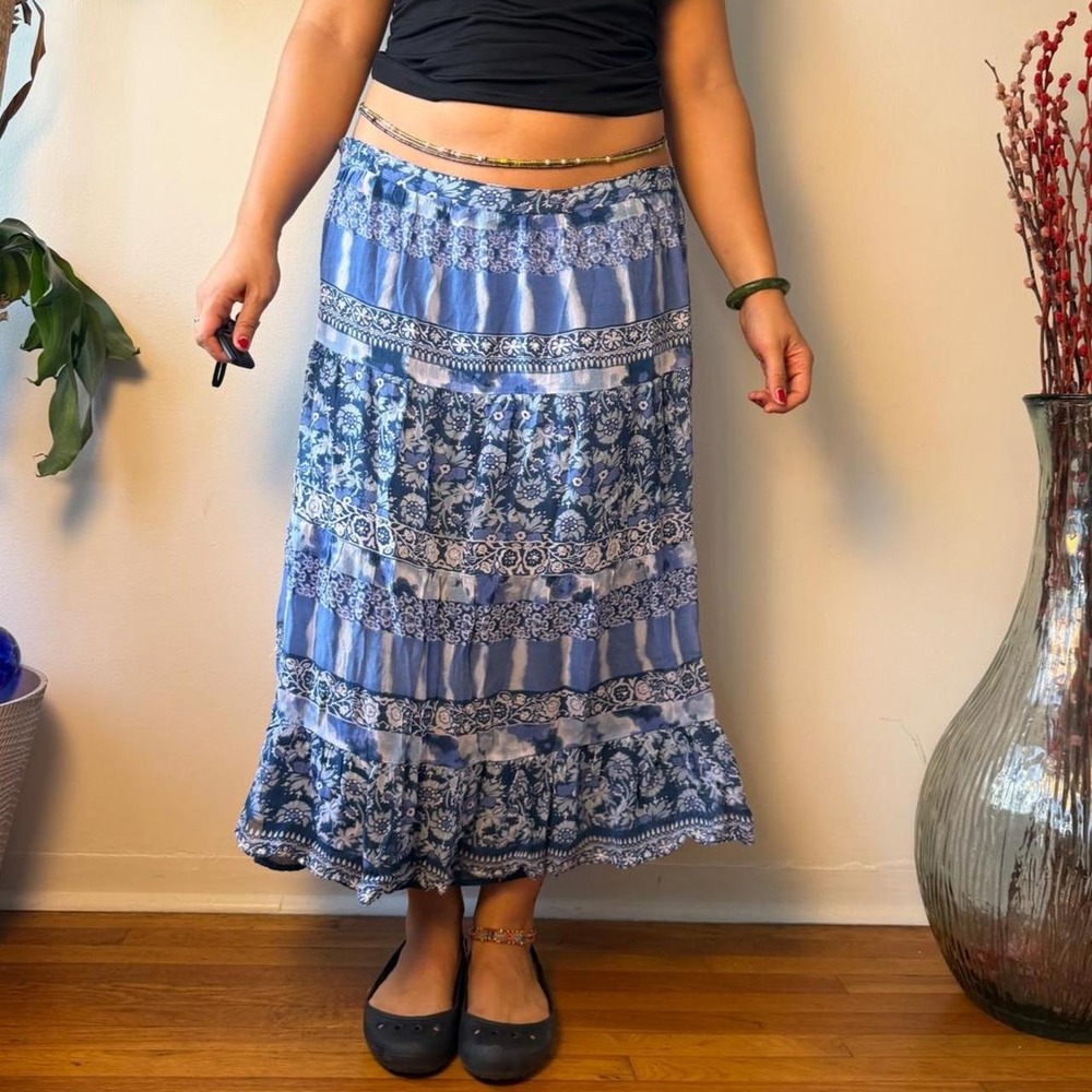 JM Collection Blue Paisley Sequin Tiered Boho Maxi Skirt 14P